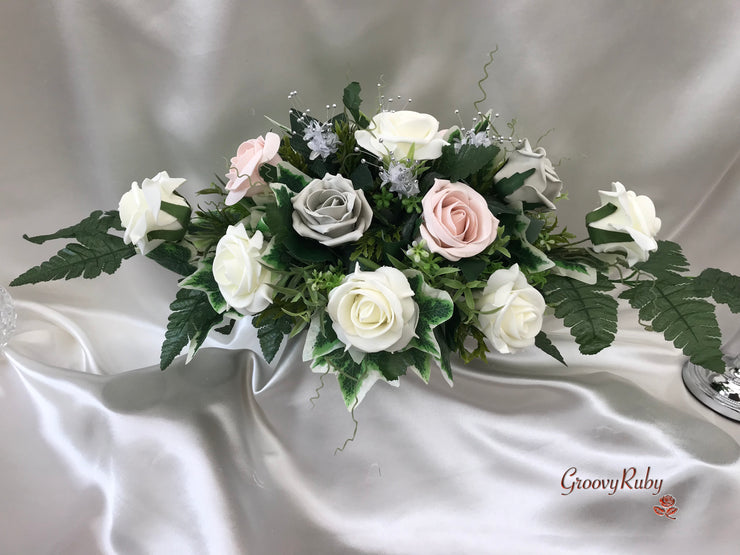 Long Table Arrangement With Mocha Pink, Silver & Ivory Roses & Babies Breath
