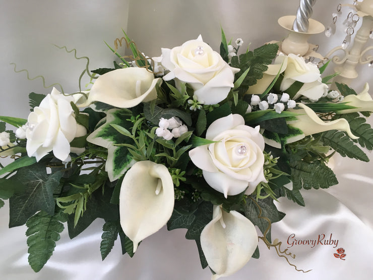 Ivory Rose & Large Calla Lily With Lily of the Valley Table Centrepiece