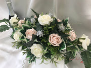 Long Table Arrangement With Mocha Pink & Ivory Roses & Babies Breath