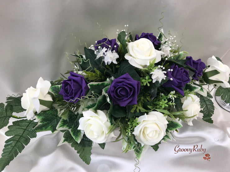 Long Table Arrangement With Cadbury Purple & Ivory Roses & Babies Breath