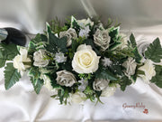 Long Table Arrangement With Grey & Ivory Roses & Babies Breath