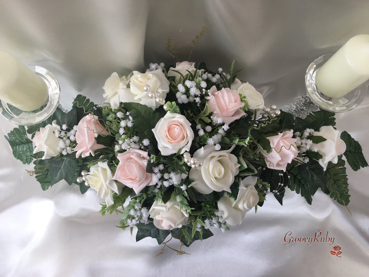 Blush Pink & Ivory Roses With Gypsophila & Pearl Sprays