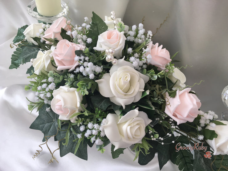 Blush Pink & Ivory Roses With Gypsophila & Pearl Sprays Long Table Centrepiece