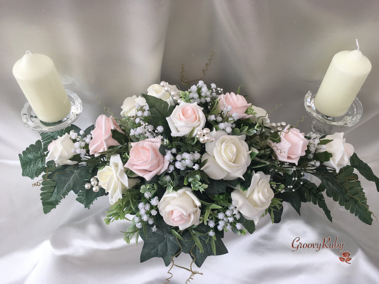 Blush Pink & Ivory Roses With Gypsophila & Pearl Sprays