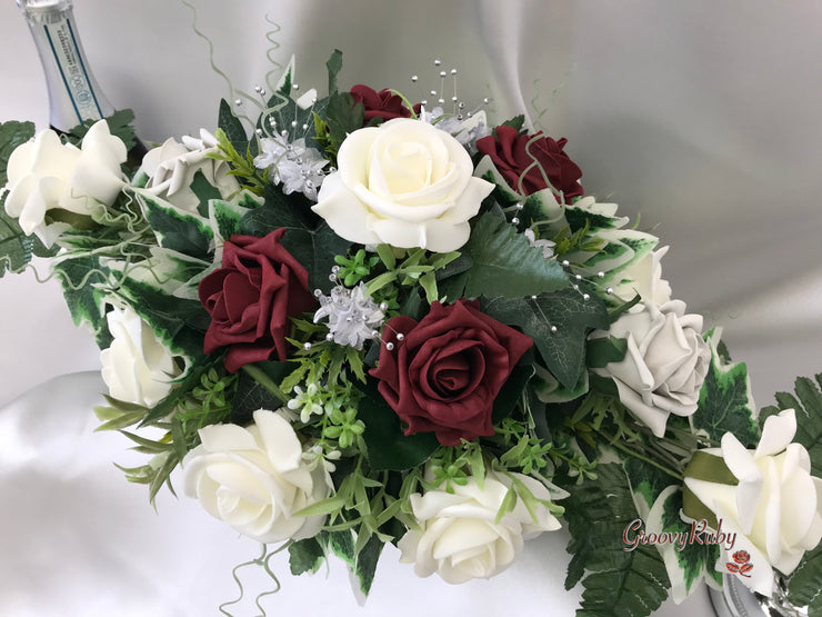 Long Table Arrangement With Burgundy, Silver & Ivory Roses & Babies Breath