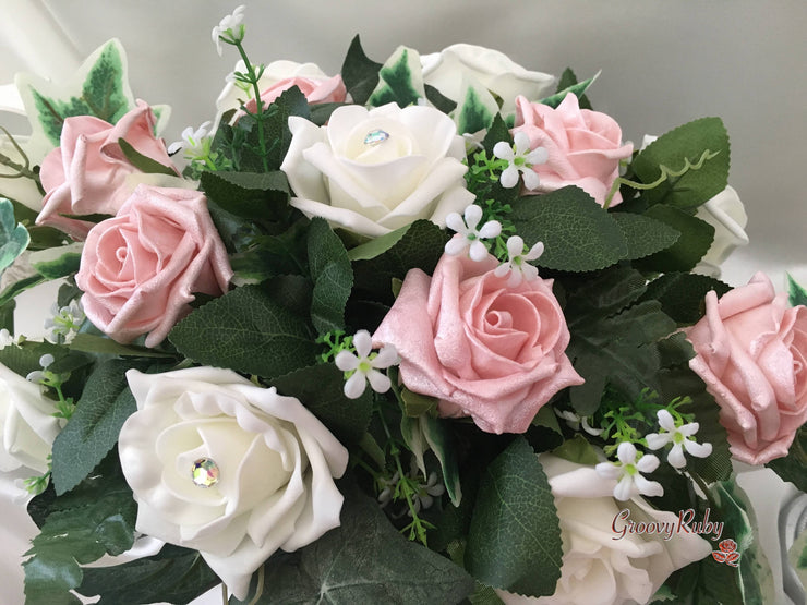 Pearlised Rose Gold & Ivory Roses Long Table Centrepiece