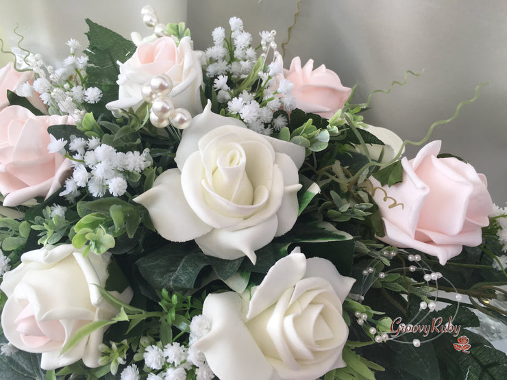 Blush Pink & Ivory Roses With Gypsophila & Pearl Sprays
