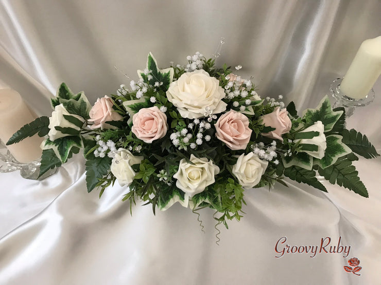 Long Table Arrangement With Mocha Pink & Ivory Roses & Gypsophila & Crystal Sprays