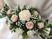 Long Table Arrangement With Mocha Pink & Ivory Roses & Gypsophila & Crystal Sprays