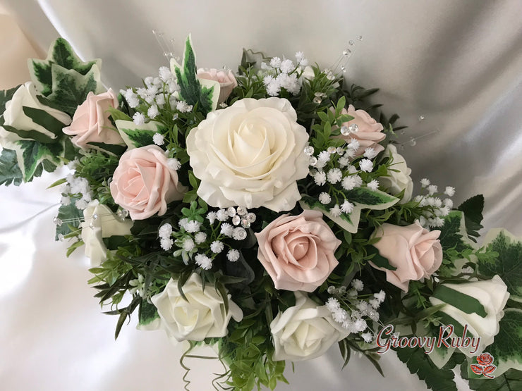 Long Table Arrangement With Mocha Pink & Ivory Roses & Gypsophila & Crystal Sprays