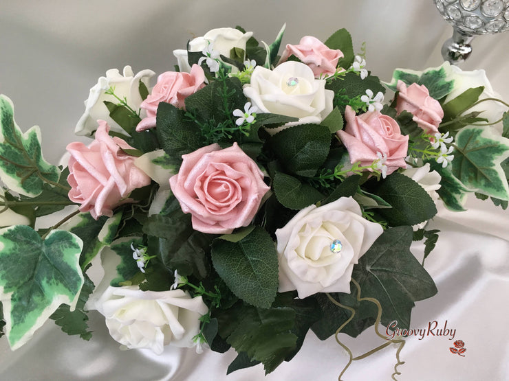 Pearlised Rose Gold & Ivory Roses Long Table Centrepiece