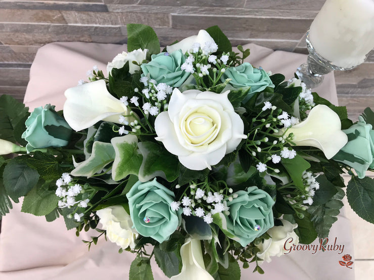 Mint Green Roses & Ivory Carnations With Calla Lily & Gypsophila