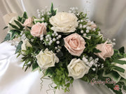Long Table Arrangement With Mocha Pink & Ivory Roses & Gypsophila & Crystal Sprays