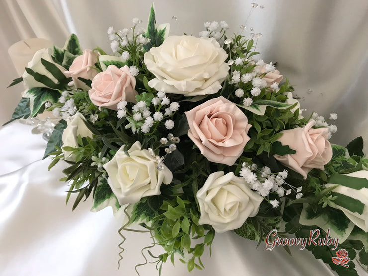 Long Table Arrangement With Mocha Pink & Ivory Roses & Gypsophila & Crystal Sprays