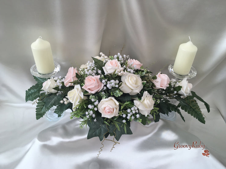 Blush Pink & Ivory Roses With Gypsophila & Pearl Sprays Long Table Centrepiece