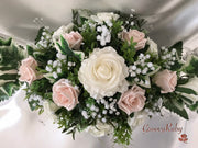 Long Table Arrangement With Mocha Pink & Ivory Roses & Gypsophila & Crystal Sprays