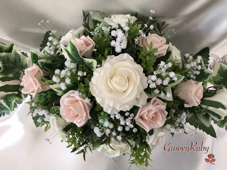 Long Table Arrangement With Mocha Pink & Ivory Roses & Gypsophila & Crystal Sprays