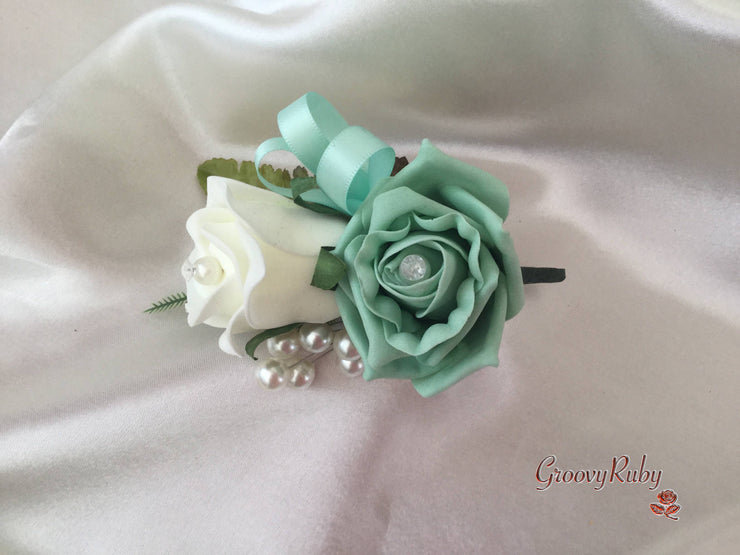 Ladies Pin On Corsage With Pearl Spray & Ribbon - Colour Combination Of your Choice