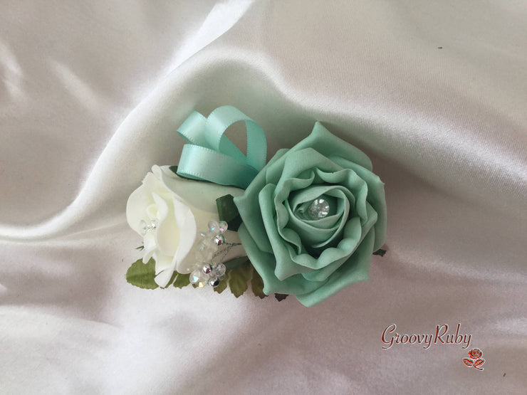 Ladies Pin On Corsage With Crystal Spray & Ribbon - Colour Combination Of Your Choice
