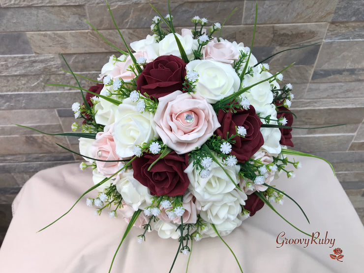 Mocha Pink & Burgundy Roses With Willow Grass & Gypsophila