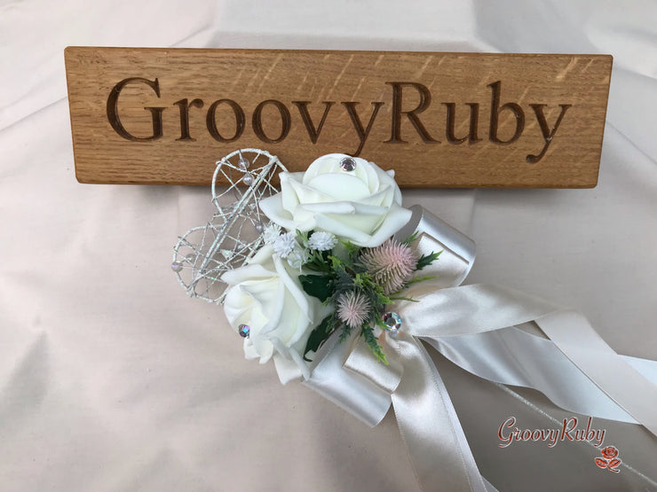 Mocha Pink Thistle With Foam Roses & Gypsophila
