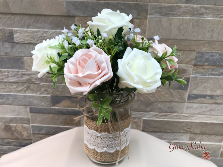 Mocha Pink Thistle With Foam Roses & Gypsophila