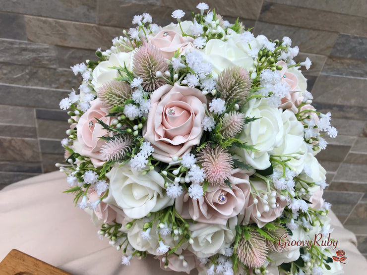 Mocha Pink Thistle With Foam Roses & Gypsophila