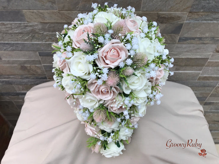 Mocha Pink Thistle With Foam Roses & Gypsophila