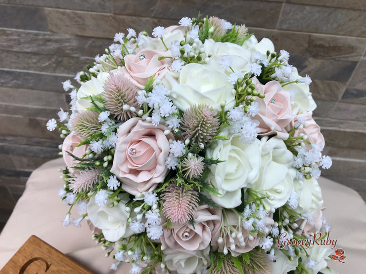 Mocha Pink Thistle With Foam Roses & Gypsophila