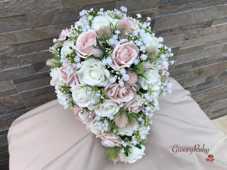 Mocha Pink Thistle With Foam Roses & Gypsophila