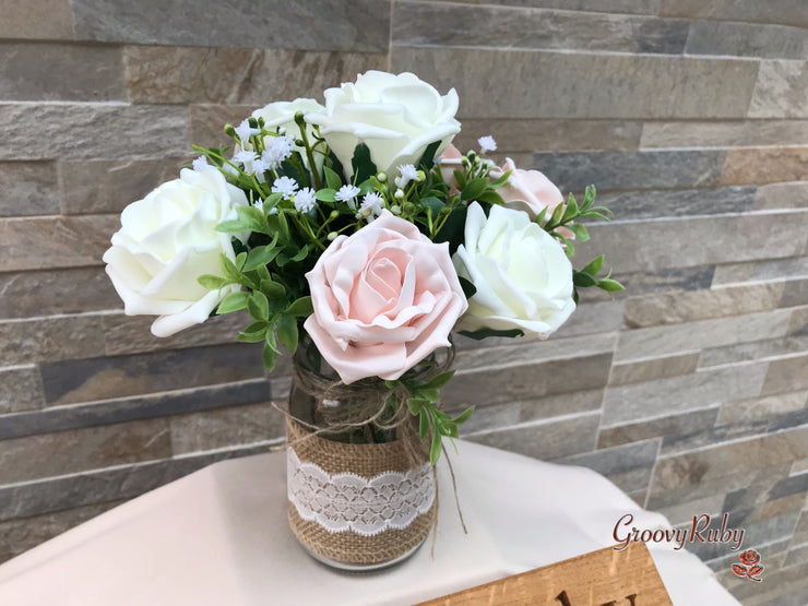 Mocha Pink Thistle With Foam Roses & Gypsophila
