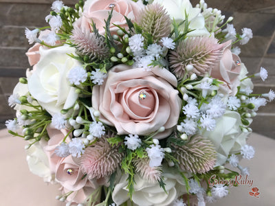 Mocha Pink Thistle With Foam Roses & Gypsophila