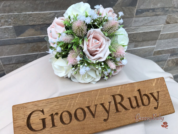 Mocha Pink Thistle With Foam Roses & Gypsophila