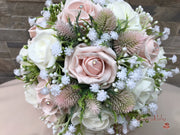 Mocha Pink Thistle With Foam Roses & Gypsophila