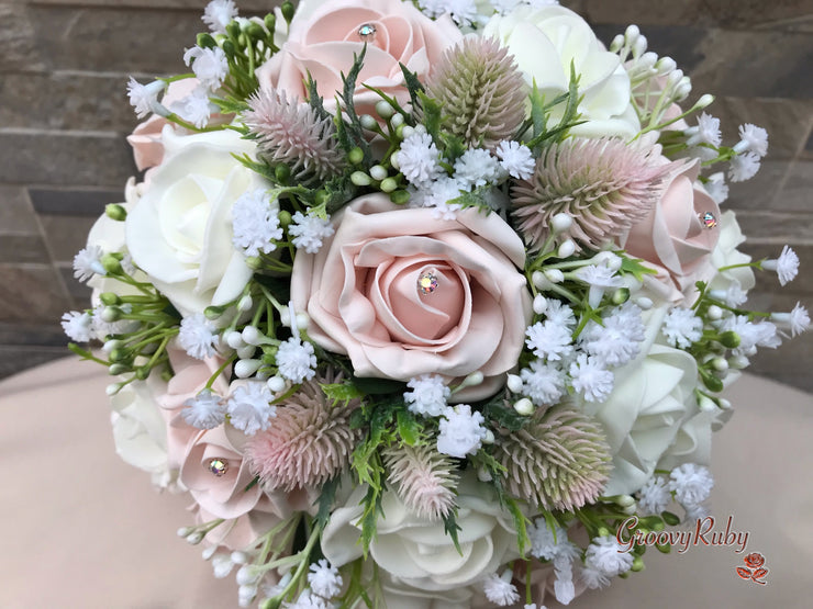 Mocha Pink Thistle With Foam Roses & Gypsophila