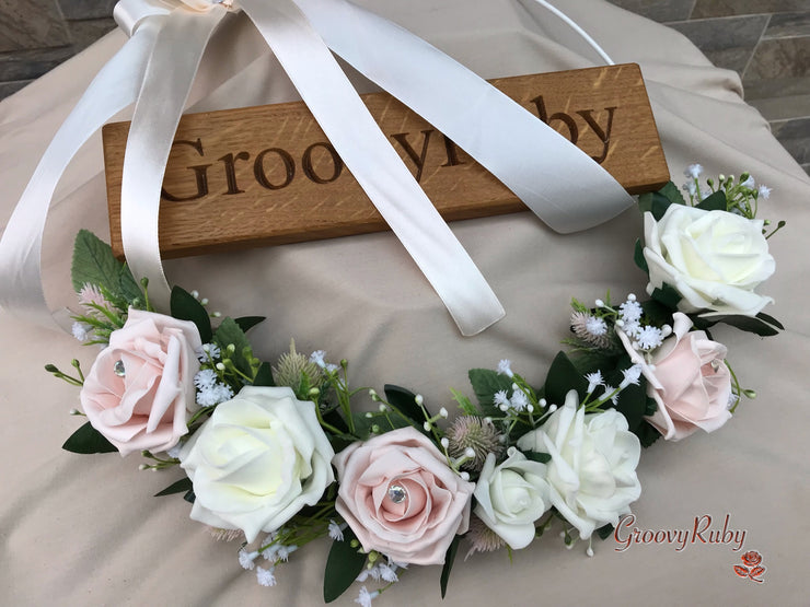 Mocha Pink Thistle With Foam Roses & Gypsophila