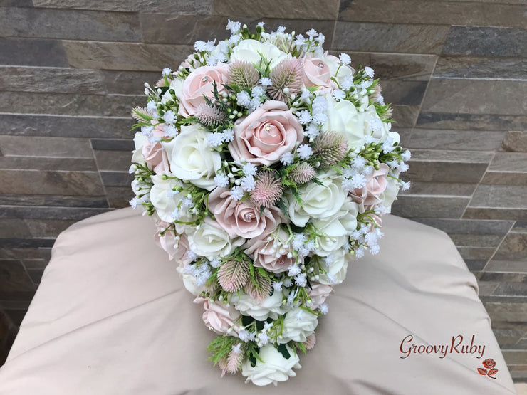 Mocha Pink Thistle With Foam Roses & Gypsophila