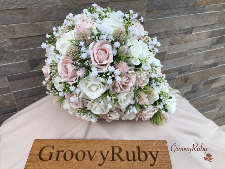 Mocha Pink Thistle With Foam Roses & Gypsophila