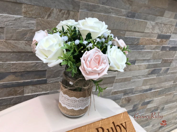 Mocha Pink Thistle With Foam Roses & Gypsophila