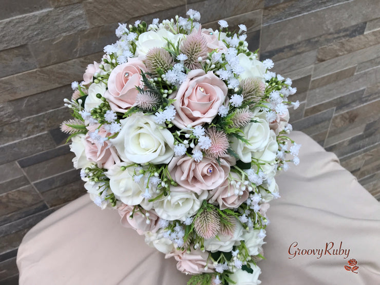 Mocha Pink Thistle With Foam Roses & Gypsophila
