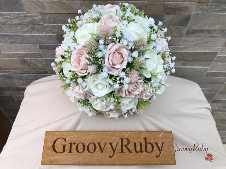 Mocha Pink Thistle With Foam Roses & Gypsophila