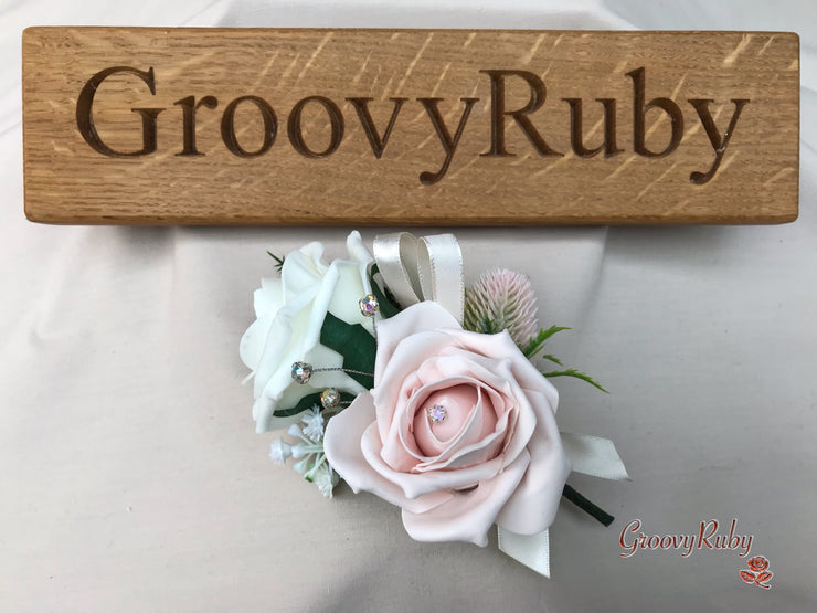 Mocha Pink Thistle With Foam Roses & Gypsophila