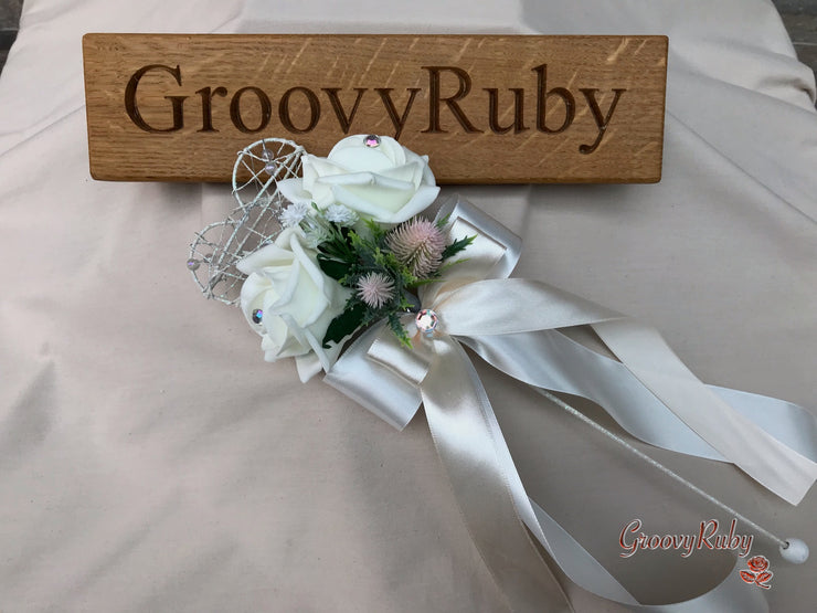 Mocha Pink Thistle With Foam Roses & Gypsophila