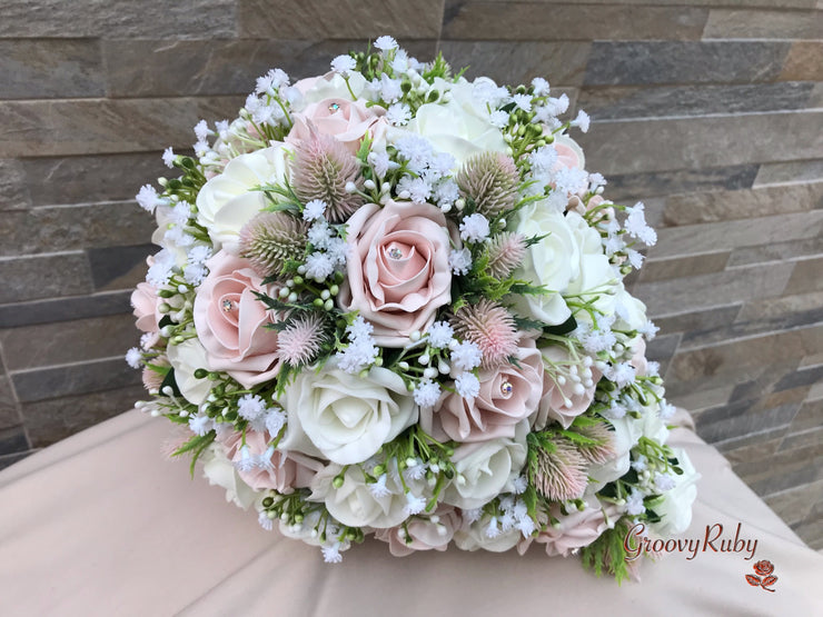 Mocha Pink Thistle With Foam Roses & Gypsophila