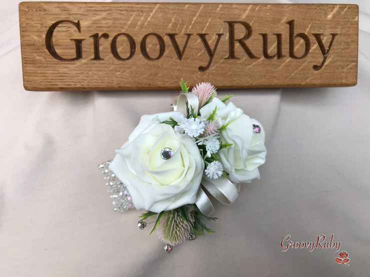 Mocha Pink Thistle With Foam Roses & Gypsophila