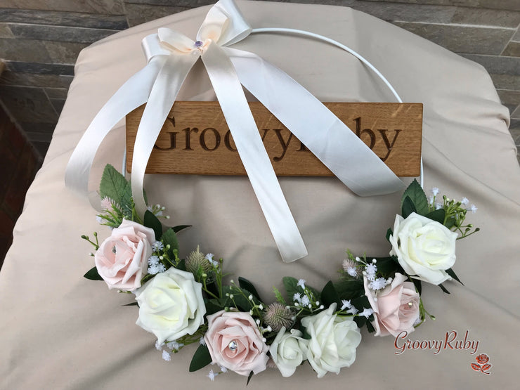Mocha Pink Thistle With Foam Roses & Gypsophila