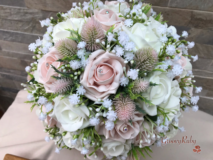 Mocha Pink Thistle With Foam Roses & Gypsophila