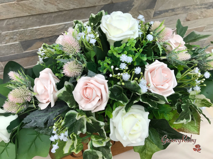 Mocha Pink Thistle With Foam Roses & Gypsophila