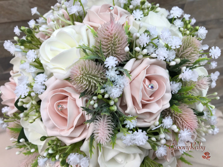 Mocha Pink Thistle With Foam Roses & Gypsophila