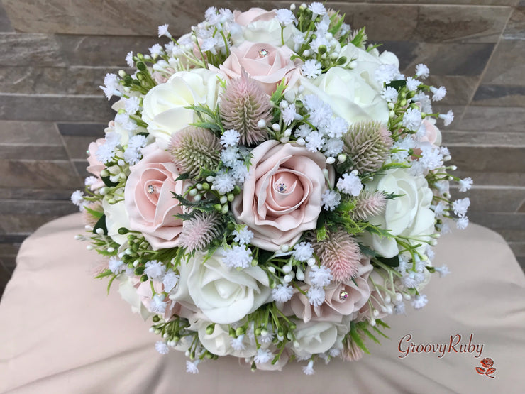 Mocha Pink Thistle With Foam Roses & Gypsophila